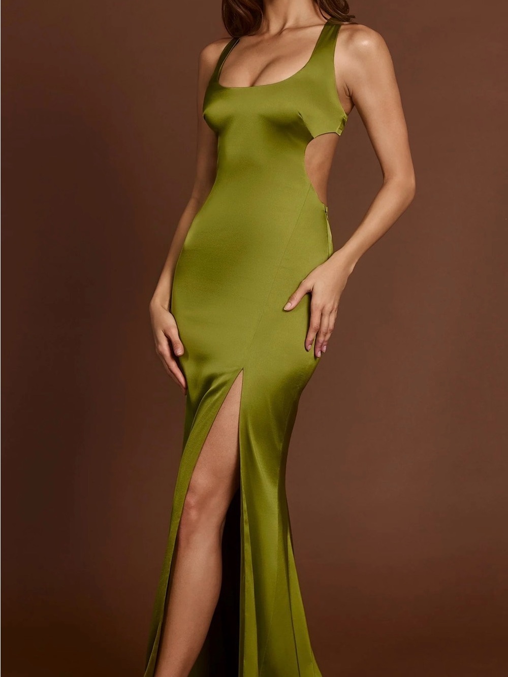 Oh Polly Olive Green Satin Scoop Neck Maxi Dress with Thigh Slit - Picture 6 of 6